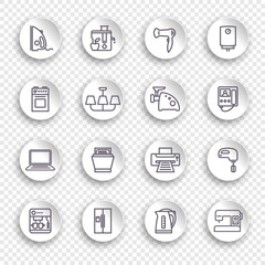 Icons of household appliances on round stickers with transparent shadows