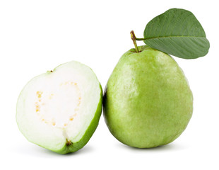 Whole and half guava fruit with leaf isolated on the white background