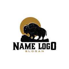 Simple Bison logo vector icon. buffalo bull fight with grass field Silhouette art classic modern look. For cool shirt cloth apparel graphic, game, smart phone app brand. Quiet friendly group gathering - obrazy, fototapety, plakaty