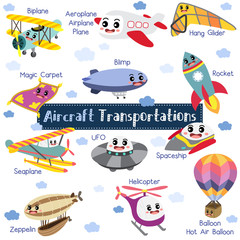 Aircraft Transportations cartoon set with vehicles name vector illustration