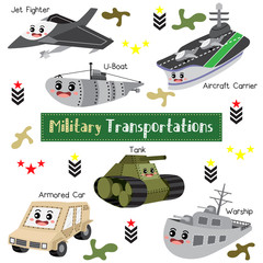 Military Transportations cartoon set with vehicles name vector illustration
