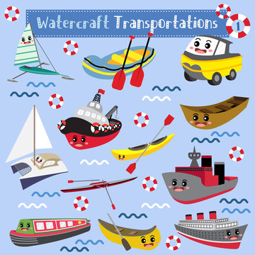 Watercraft Transportations cartoon set in perspective view vector illustration set 1