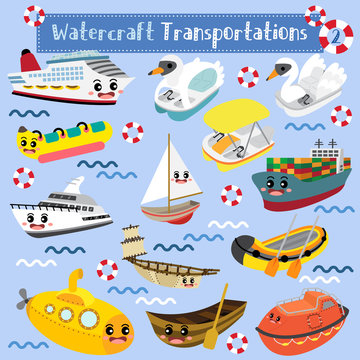 Watercraft Transportations cartoon set in perspective view vector illustration set 2