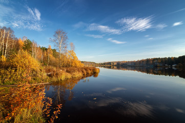 Fototapeta na wymiar panorama of autumn forest on the river Bank in the Urals, Russia, October