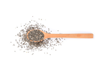 Chia seeds and wooden spoon isolated on white background