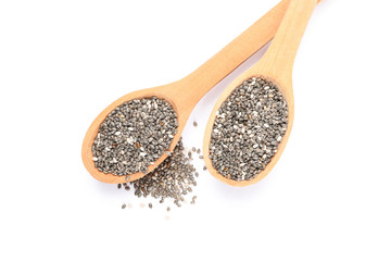 Chia seeds and wooden spoons isolated on white background