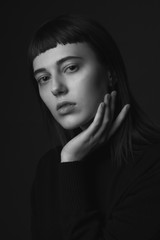 Close up portrait of young woman. Black and white.