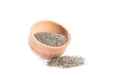 Chia seeds and wooden bowl isolated on white background