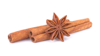 Spicy Cinnamon Sticks and Anise isolated on White background closeup macro shot