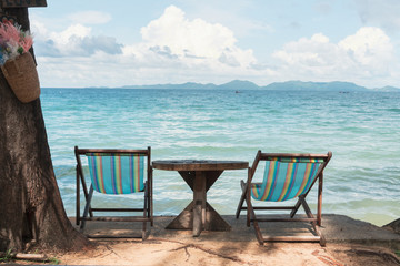 2 beach chairs at the beach, Copy space..
