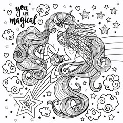 Hand drawn black and white image for coloring. Unicorn with a long mane. Vector