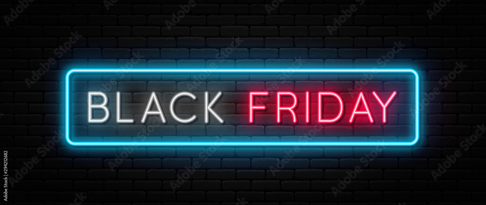 Wall mural black friday sale. black friday neon sign on brick wall background. glowing white and red neon text 