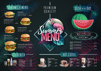 Summer menu design with flamingo and tropic leaves. Restaurant menu - obrazy, fototapety, plakaty