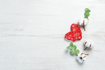 Heart made of wooden branches. Valentines day. Top view. Free copy space.