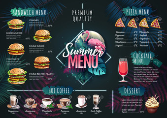 Summer menu design with flamingo and tropic leaves. Restaurant menu