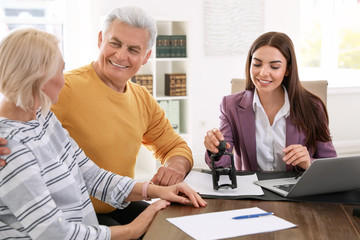 Female notary working with mature couple in office