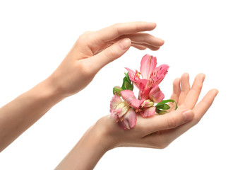 Woman with beautiful hands on white background, closeup