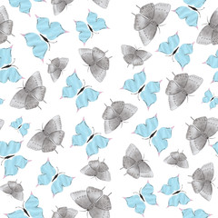 seamless pattern with isolated butterflies, blue and gray butterflies pattern