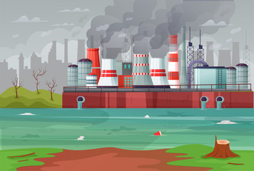 Environmental pollution vector illustration. Air pollution, pollutant fog gas and industrial smog. Factories emitting smoke through chimneys