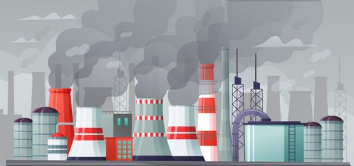 Environmental pollution vector illustration. Air pollution, pollutant fog gas and industrial smog. Factories emitting smoke through chimneys