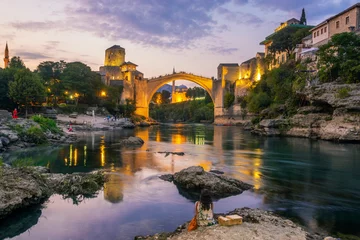 Papier Peint photo Stari Most Mostar, Bosnia and Herzegovina-September 2019:The Old Bridge, Stari Most, with  river Neretva