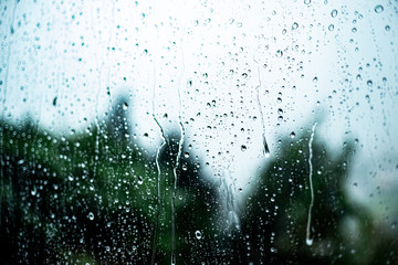 raindrops on the glass outside the window cloudy sky and greenery