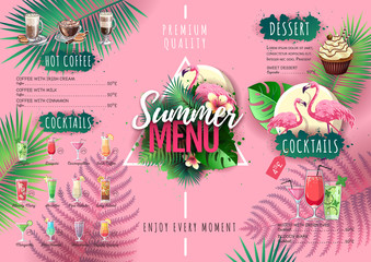 Summer menu design with flamingo and tropic leaves. Restaurant menu © annbozhko