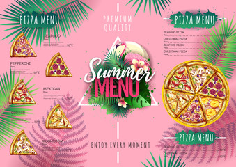 Summer menu design with flamingo and tropic leaves. Restaurant menu