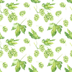 Watercolor seamless pattern with hops on white background. Hand drawn botanical illustration. Perfect for beer pack, branding design, wrapping paper, logo