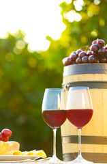 Composition with wine and snacks on table outdoors