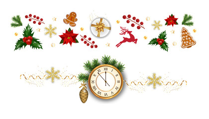 Christmas composition of festive elements cookies, holly berries, clock, poinsettia, snowflakes, gift box, Christmas tree decorations on white background. Xmas border or banner. Vector