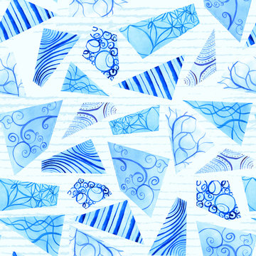 Hand-painted royal blue doodle watercolor polygon shapes on sky blue stripes in a seamless pattern design