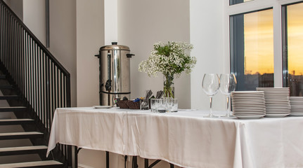 Decor and decoration of the wedding table. buffet table festive at the wedding at the stairs