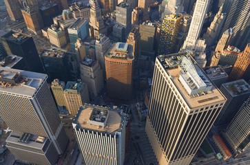 Aerial top down view on lower Manhattan financial district skyscrapers in New York                 