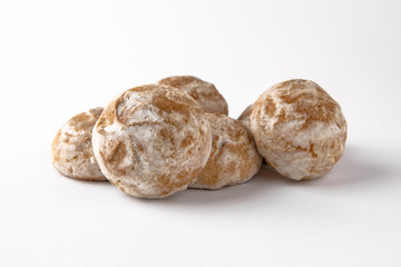 Tasty crunchy cookie: oatmeal, shortbread, chocolate, nutty, honey. Close-up isolated on a white background