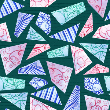 Hand-painted pastel colored doodle watercolor polygon shapes on dark green in a seamless pattern design