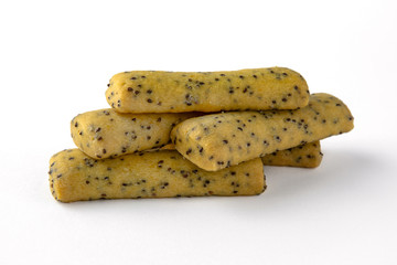 Tasty crunchy salty and spicy cookies: oatmeal, shortbread. Beer snack. Close-up isolated on a white background