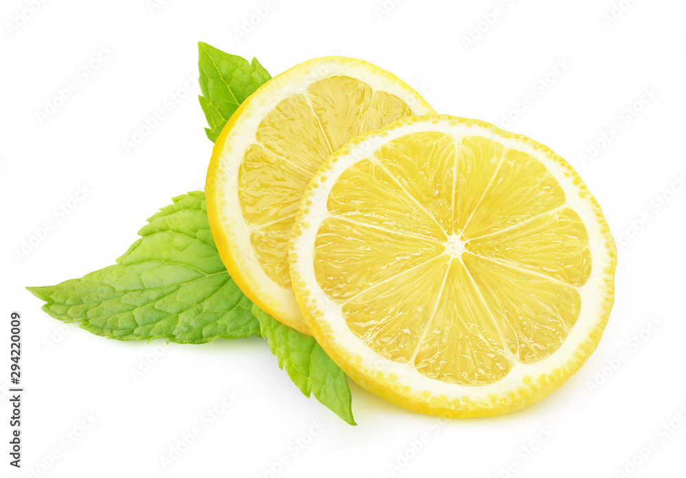 Poster Isolated lemon and mint. Two pieces of lemon fruit and fresh mint leaves isolated on white background with clipping path