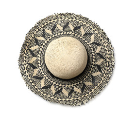Stylish summer hat on white background, top view