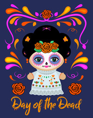 Day of the Dead Classic Mexican Catrina Doll and ornaments vector illustration.