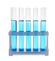Test tubes with blue liquid on white background. Laboratory glassware