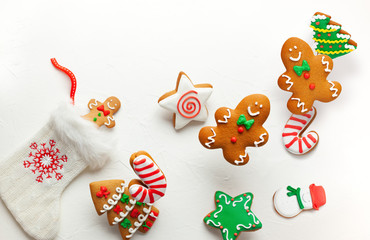 Christmas holiday background with gingerbread cookies flying in motion. Winter or Christmas festive...