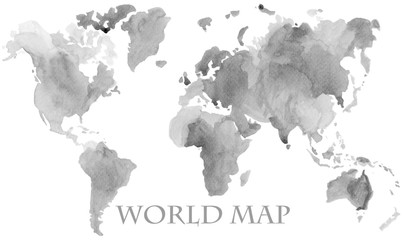 Watercolor illustration of world map painted in black color ink isolated on white background