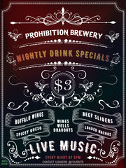 Happy hour on colorful chalkboard. Floral ornament greeting card poster. Lettering with banner on the grunge background. Black and white pattern EPS 10. To see similar, please VISIT MY PORTFOLIO.