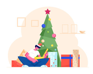 Excited Surprised Man in Santa Claus Hat Opening Gift Box Sitting under Decorated Xmas Tree at Christmas Morning. Winter Festive Season Tradition of Giving Presents, Cartoon Flat Vector Illustration