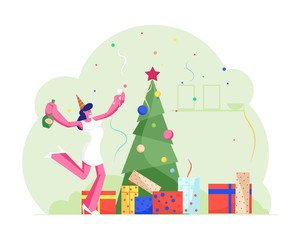 Merry Christmas and Happy New Year Celebration Cheerful Woman in Santa Hat Celebrate Xmas Party in Office Dancing at Decorated Tree with Champagne Bottle and Wineglass Cartoon Flat Vector Illustration