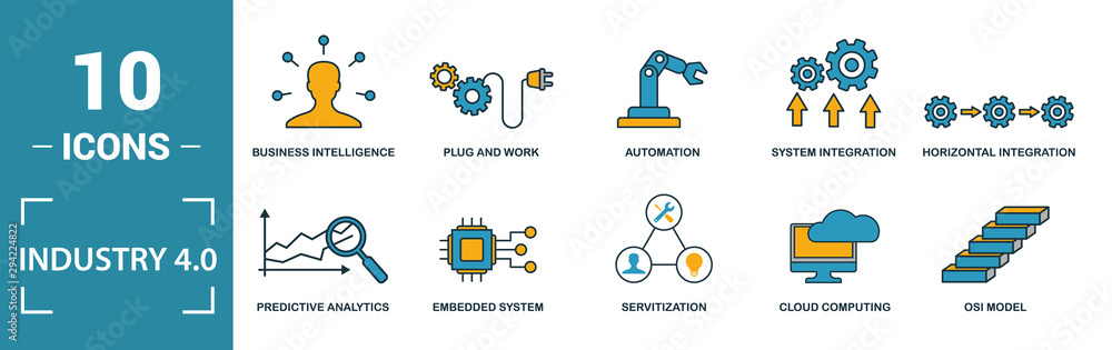 Poster industry 4.0 icon set. include creative elements automation, data management, business intelligence,