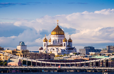 Stunning view of the orthodox cathedral of Christ the Saviour over Moskva river bridges , Moscow, Russia