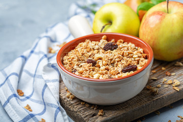Homemade granola with apples and raisins.