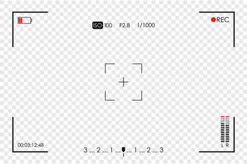 Camera frame viewfinder. Screen of video recorder, video camera digital display template on transparent background. Vector illustration.